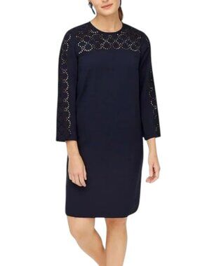 J. Crew Navy Blue Long Sleeve Laser Cut Eyelet Shift Dress